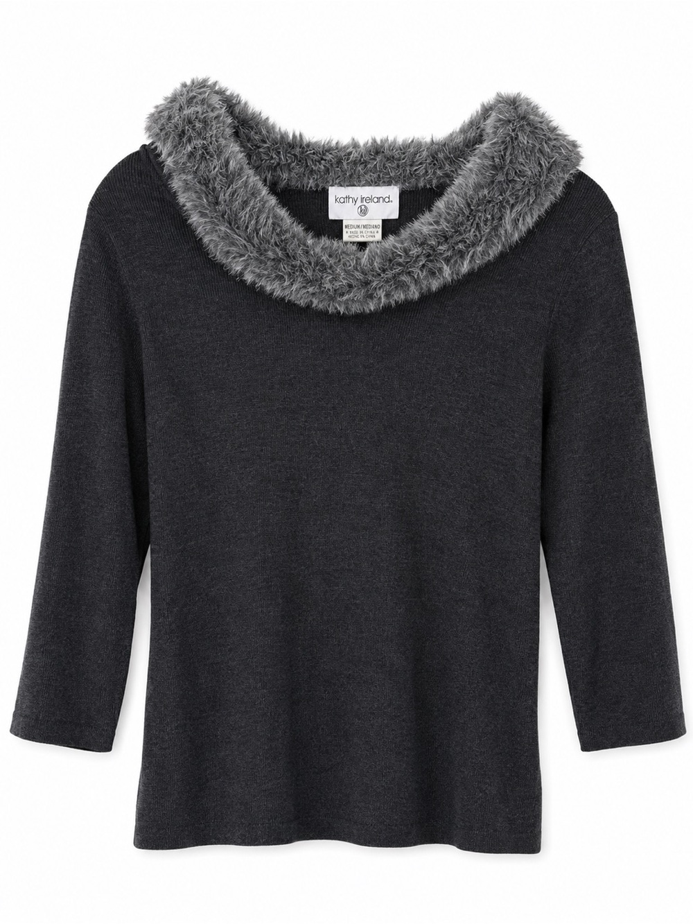 Kathy Ireland Faux Fur Trim Sweater Women’s Medium Gray Knit Cozy Winter Top